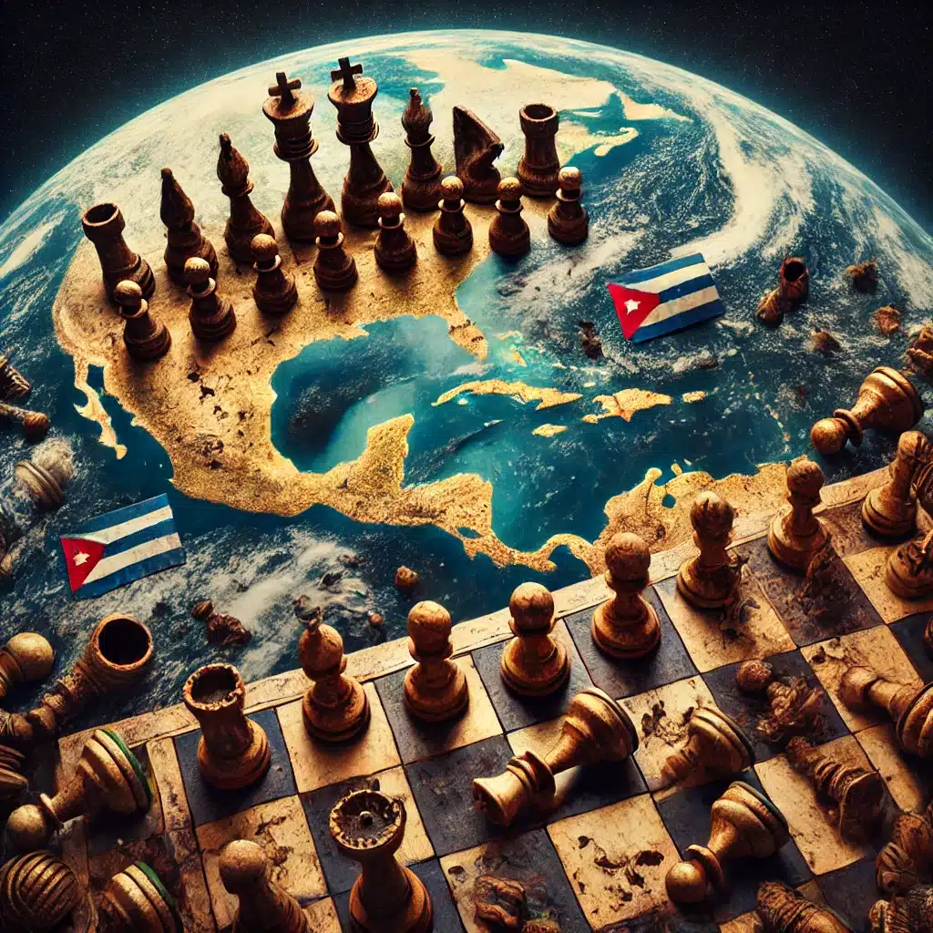 DALL·E 2024-07-07 01.23.50 - Create a conceptual artwork depicting the Earth with a focus on the Caribbean region, particularly highlighting Cuba. Over Cuba, superimpose a chessbo