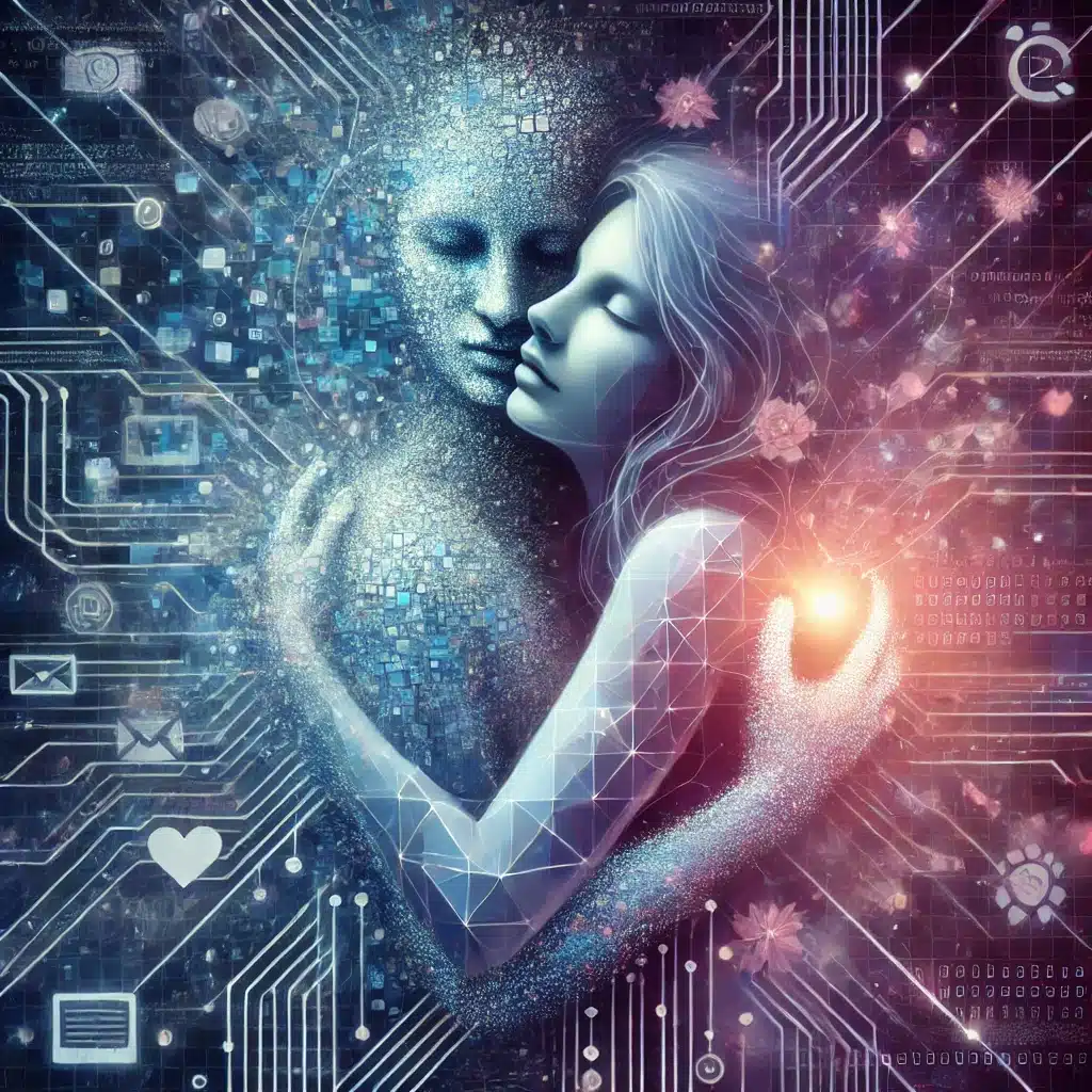 DALL·E 2024-09-28 21.25.29 - An abstract and emotional representation of the fusion between a human and technology. The image shows a human figure embracing an abstract female for