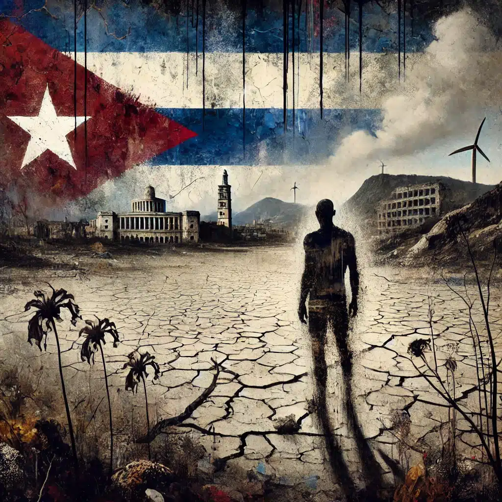 Ilustración en PoesíaConCiencia que representa los temas de "Nación Cáustica" de Yten, con una figura sombría en un paisaje cubano en decadencia, elementos abstractos de la bandera cubana y la silueta fantasmal de Comala.